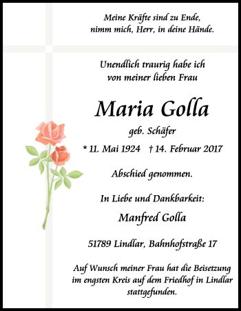 Anzeige von Maria Golla von Kölner Stadt-Anzeiger / Kölnische Rundschau / Express