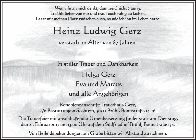  Traueranzeige für Heinz Ludwig Gerz vom 15.02.2017 aus  Schlossbote/Werbekurier 