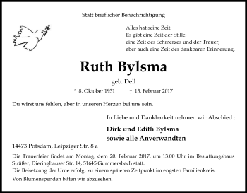 Anzeige von Ruth Bylsma von Kölner Stadt-Anzeiger / Kölnische Rundschau / Express