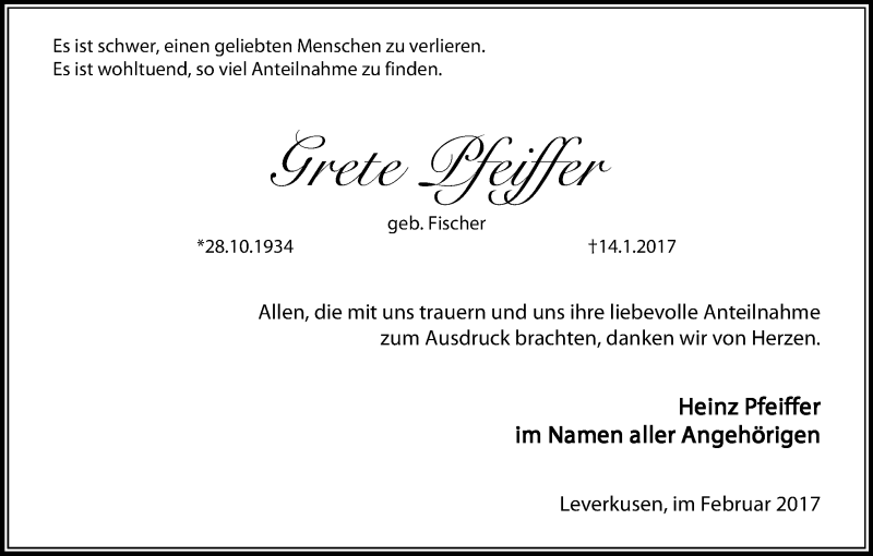  Traueranzeige für Grete Pfeiffer vom 11.02.2017 aus Kölner Stadt-Anzeiger / Kölnische Rundschau / Express