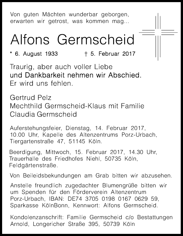  Traueranzeige für Alfons Germscheid vom 11.02.2017 aus Kölner Stadt-Anzeiger / Kölnische Rundschau / Express