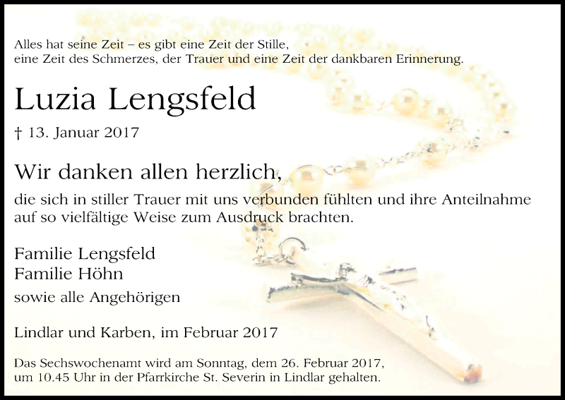  Traueranzeige für Luzia Lengsfeld vom 18.02.2017 aus Kölner Stadt-Anzeiger / Kölnische Rundschau / Express