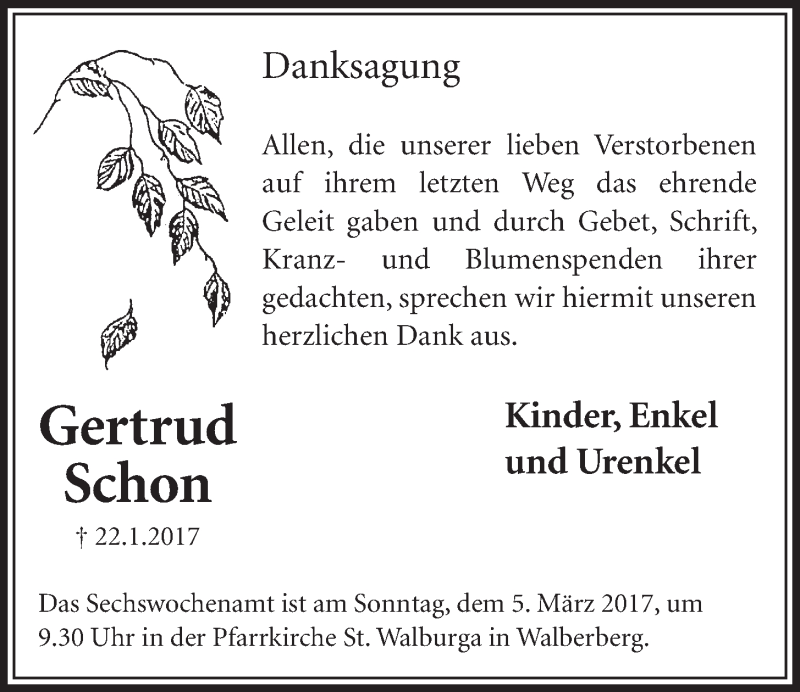  Traueranzeige für Gertrud Schon vom 01.03.2017 aus  Schlossbote/Werbekurier 