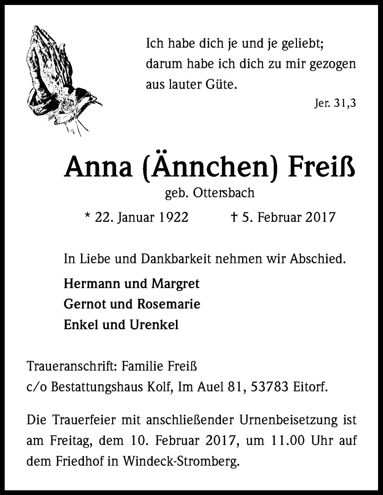  Traueranzeige für Anna Freiß vom 08.02.2017 aus Kölner Stadt-Anzeiger / Kölnische Rundschau / Express