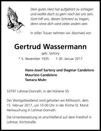 Anzeige von Gertrud Wassermann von Kölner Stadt-Anzeiger / Kölnische Rundschau / Express