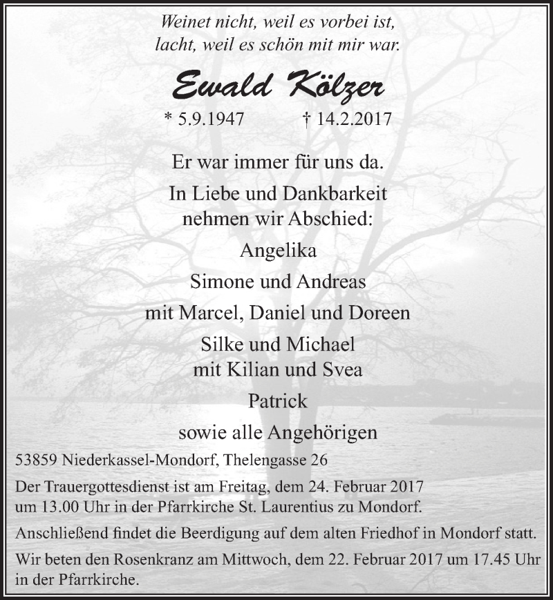  Traueranzeige für Ewald Kölzer vom 22.02.2017 aus  Extra Blatt 