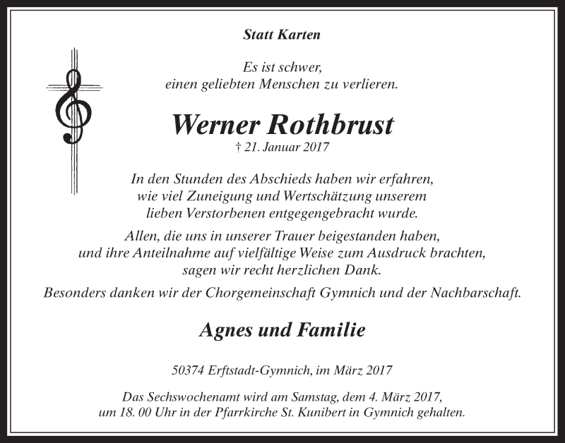  Traueranzeige für Werner Rothbrust vom 01.03.2017 aus  Werbepost 