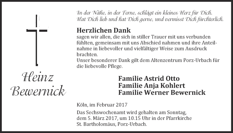  Traueranzeige für Heinz Bewernick vom 08.02.2017 aus  Kölner Wochenspiegel 