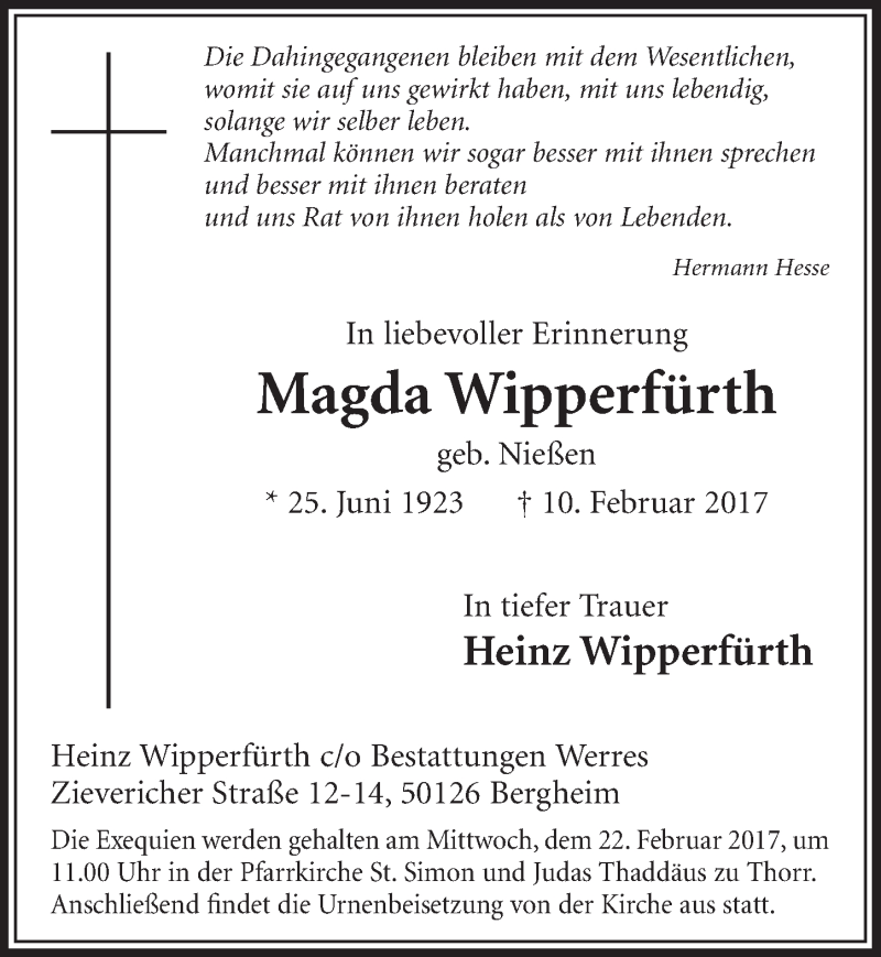  Traueranzeige für Magda Wipperfürth vom 18.02.2017 aus  Sonntags-Post 