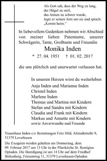 Anzeige von Monika Inden von Kölner Stadt-Anzeiger / Kölnische Rundschau / Express