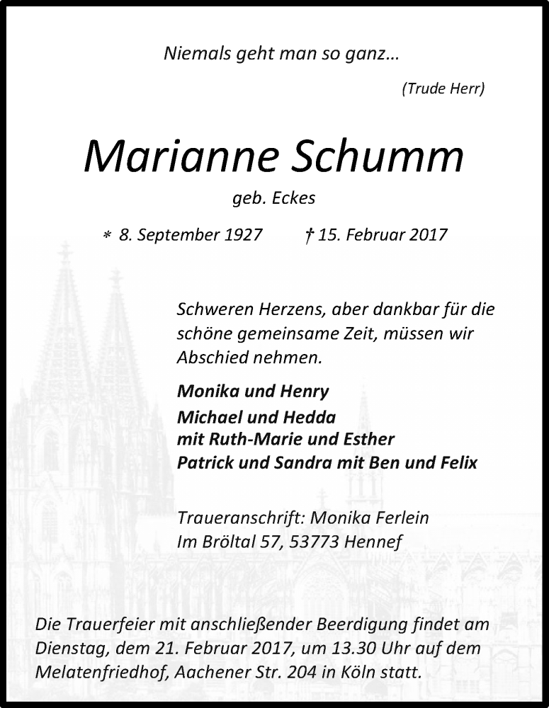  Traueranzeige für Marianne Schumm vom 18.02.2017 aus Kölner Stadt-Anzeiger / Kölnische Rundschau / Express