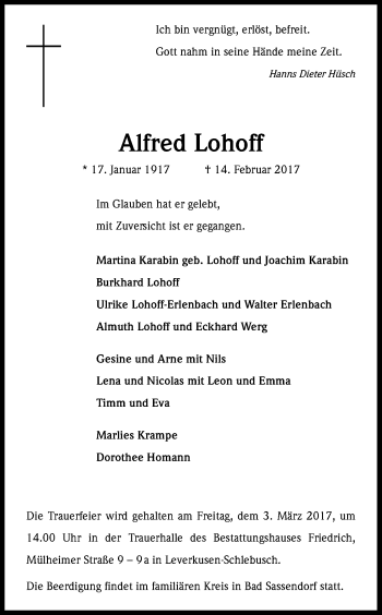 Anzeige von Alfred Lohoff von Kölner Stadt-Anzeiger / Kölnische Rundschau / Express