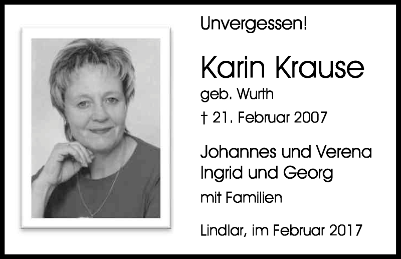  Traueranzeige für Karin Krause vom 21.02.2017 aus Kölner Stadt-Anzeiger / Kölnische Rundschau / Express