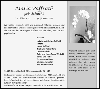 Anzeige von Maria Paffrath von Kölner Stadt-Anzeiger / Kölnische Rundschau / Express