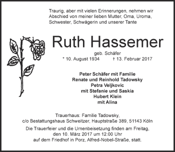 Anzeige von Ruth Hassemer von  Kölner Wochenspiegel 