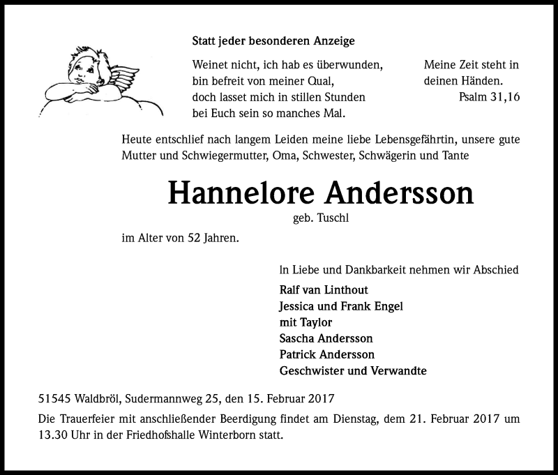  Traueranzeige für Hannelore Andersson vom 18.02.2017 aus Kölner Stadt-Anzeiger / Kölnische Rundschau / Express
