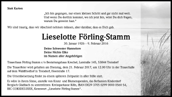 Anzeige von Lieselotte Förling-Stamm von Kölner Stadt-Anzeiger / Kölnische Rundschau / Express
