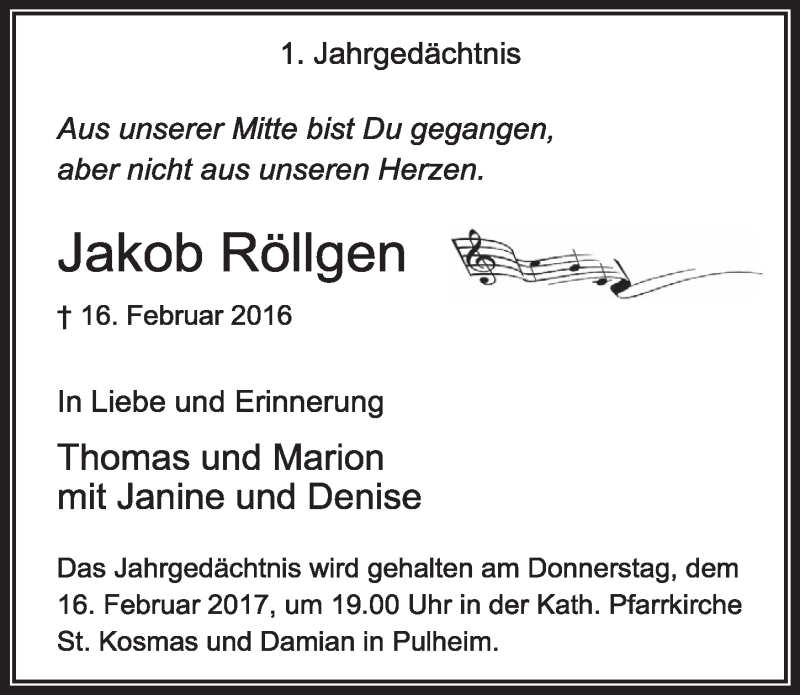  Traueranzeige für Jakob Röllgen vom 11.02.2017 aus  Sonntags-Post 