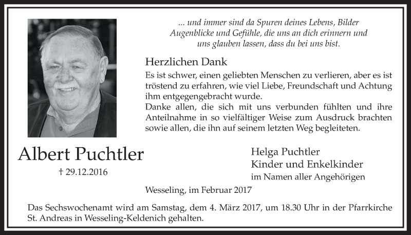  Traueranzeige für Albert Puchtler vom 22.02.2017 aus  Schlossbote/Werbekurier 