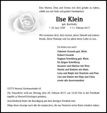 Anzeige von Ilse Klein von Kölner Stadt-Anzeiger / Kölnische Rundschau / Express