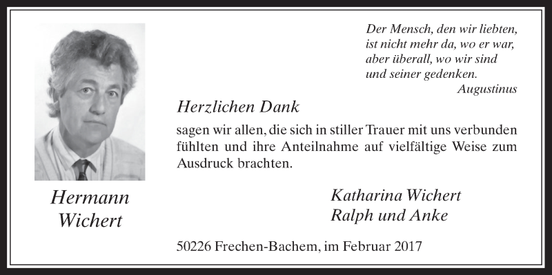  Traueranzeige für Hermann Wichert vom 15.02.2017 aus  Wochenende 