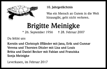 Anzeige von Brigitte Meinigke von Kölner Stadt-Anzeiger / Kölnische Rundschau / Express