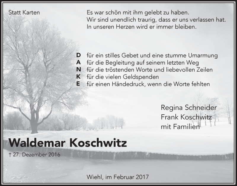  Traueranzeige für Waldemar Koschwitz vom 15.02.2017 aus  Anzeigen Echo 