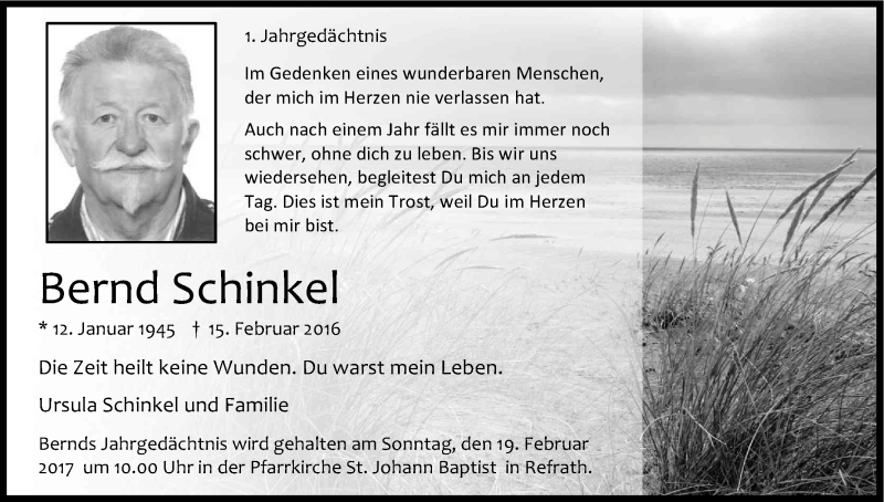  Traueranzeige für Bernd Schinkel vom 15.02.2017 aus Kölner Stadt-Anzeiger / Kölnische Rundschau / Express