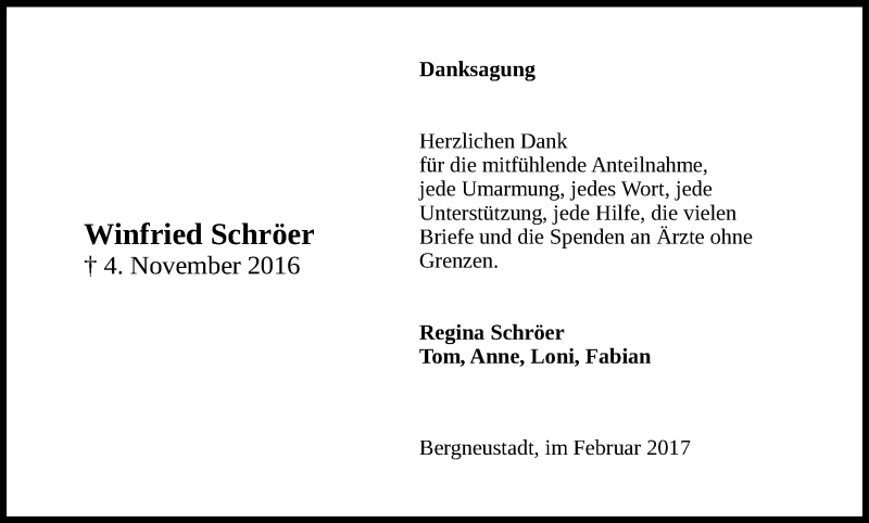  Traueranzeige für Winfried Schröer vom 18.02.2017 aus Kölner Stadt-Anzeiger / Kölnische Rundschau / Express
