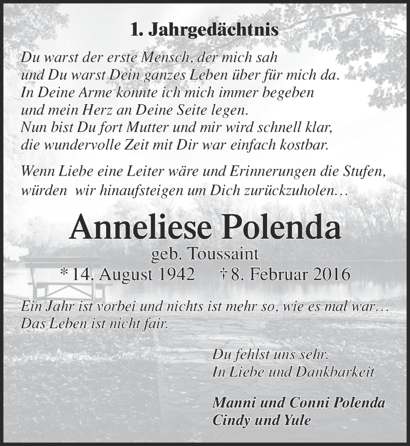  Traueranzeige für Anneliese Polenda vom 04.02.2017 aus  Blickpunkt Euskirchen 