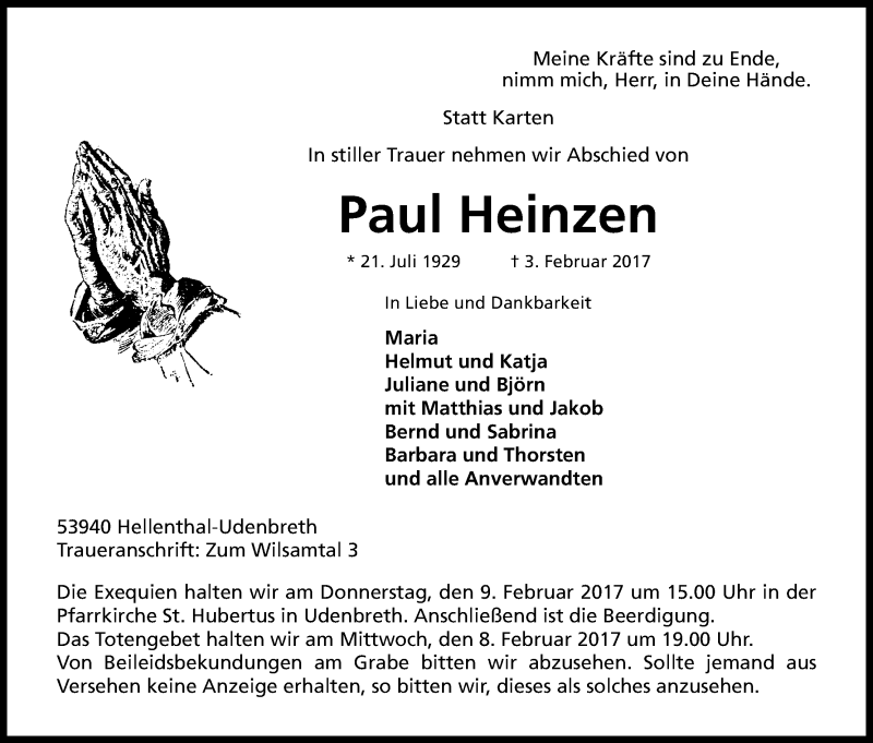  Traueranzeige für Paul Heinzen vom 07.02.2017 aus Kölner Stadt-Anzeiger / Kölnische Rundschau / Express