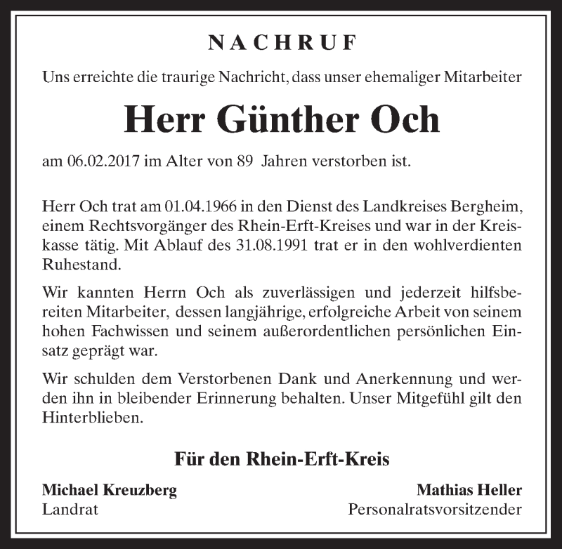  Traueranzeige für Günther Och vom 22.02.2017 aus  Werbepost 