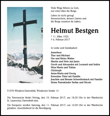 Anzeige von Helmut Bestgen von Kölner Stadt-Anzeiger / Kölnische Rundschau / Express