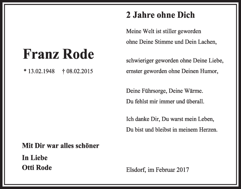  Traueranzeige für Franz Rode vom 18.07.2023 aus  Sonntags-Post 