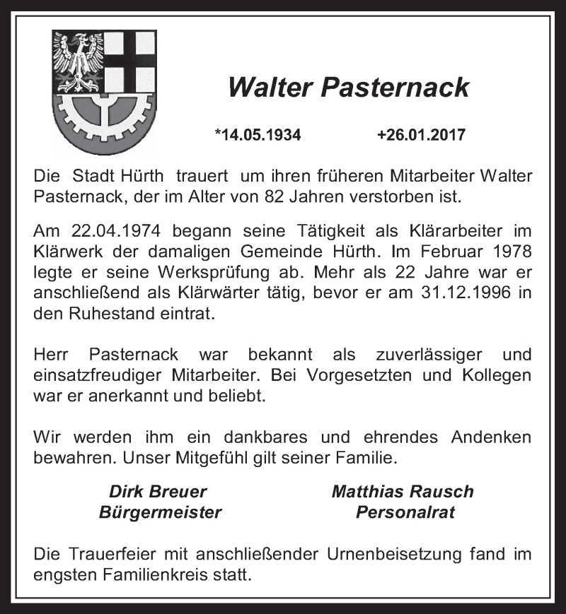  Traueranzeige für Walter Pasternack vom 15.02.2017 aus  Wochenende 