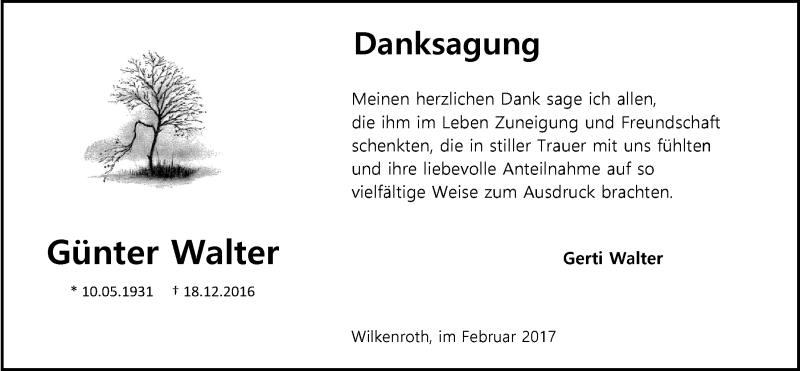  Traueranzeige für Günter Walter vom 22.02.2017 aus  Lokalanzeiger 