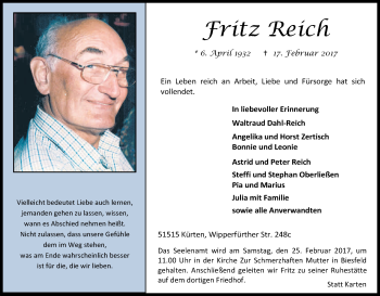 Anzeige von Fritz Reich von Kölner Stadt-Anzeiger / Kölnische Rundschau / Express