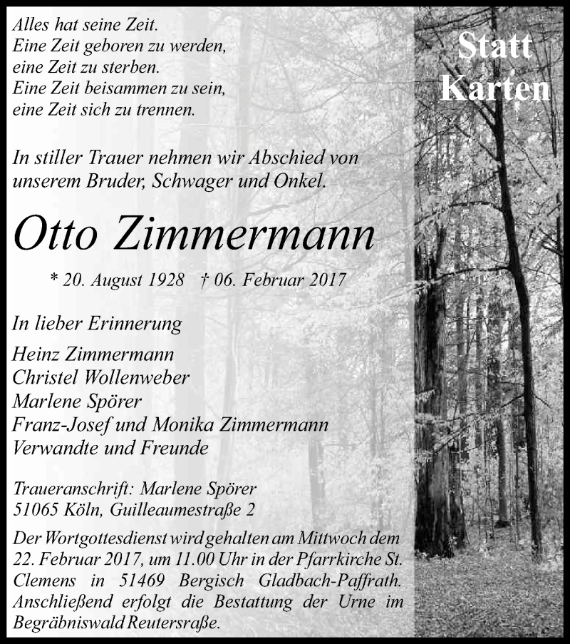  Traueranzeige für Otto Zimmermann vom 14.02.2017 aus Kölner Stadt-Anzeiger / Kölnische Rundschau / Express