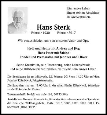 Anzeige von Hans Sterk von Kölner Stadt-Anzeiger / Kölnische Rundschau / Express