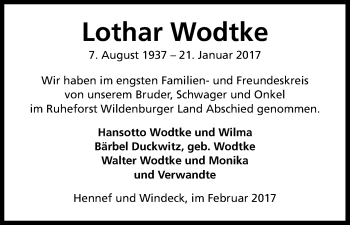 Anzeige von Lothar Wodtke von Kölner Stadt-Anzeiger / Kölnische Rundschau / Express
