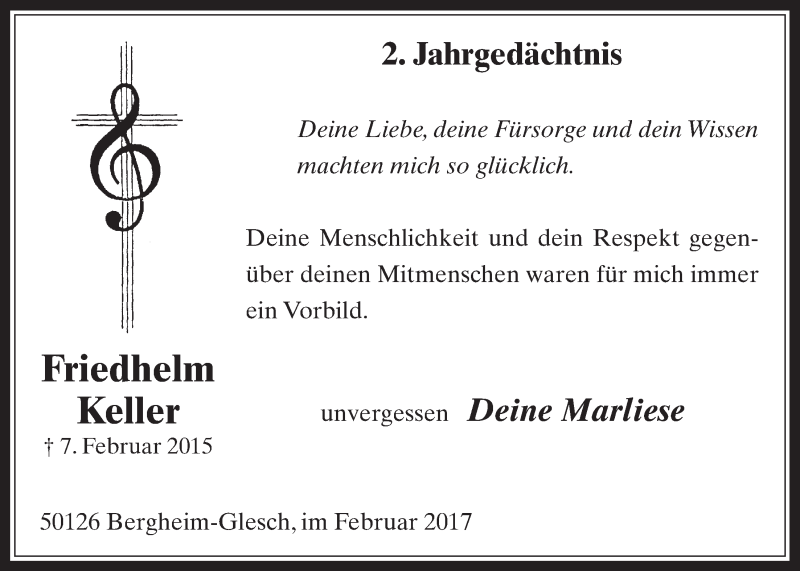  Traueranzeige für Friedhelm Keller vom 08.02.2017 aus  Werbepost 