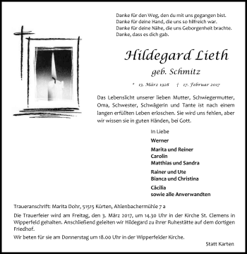 Anzeige von Hildegard Lieth von Kölner Stadt-Anzeiger / Kölnische Rundschau / Express