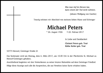 Anzeige von Michael Peters von Kölner Stadt-Anzeiger / Kölnische Rundschau / Express
