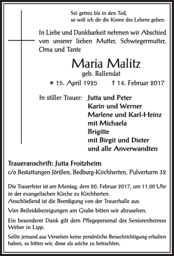 Anzeige von Maria Malitz von  Sonntags-Post 