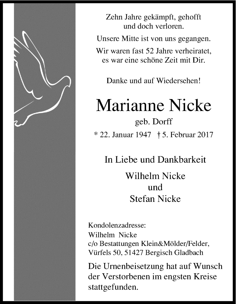  Traueranzeige für Marianne Nicke vom 18.02.2017 aus Kölner Stadt-Anzeiger / Kölnische Rundschau / Express