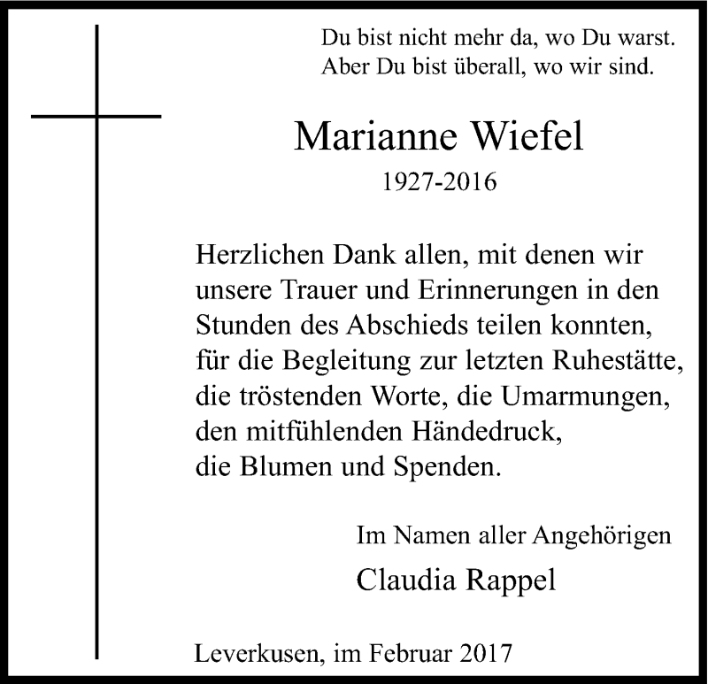  Traueranzeige für Marianne Wiefel vom 18.02.2017 aus Kölner Stadt-Anzeiger / Kölnische Rundschau / Express