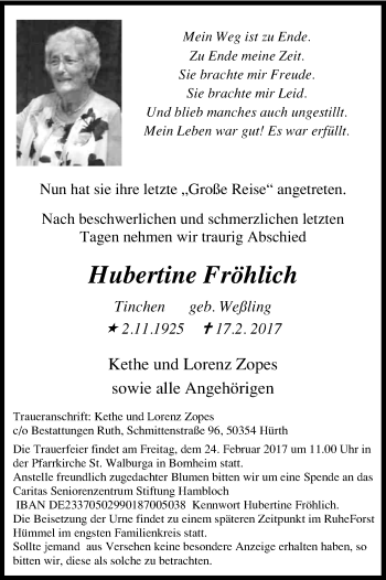 Anzeige von Hubertine Fröhlich von Kölner Stadt-Anzeiger / Kölnische Rundschau / Express