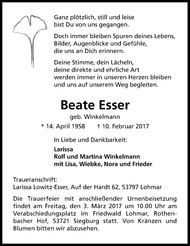  Traueranzeige für Beate Esser vom 01.03.2017 aus Kölner Stadt-Anzeiger / Kölnische Rundschau / Express