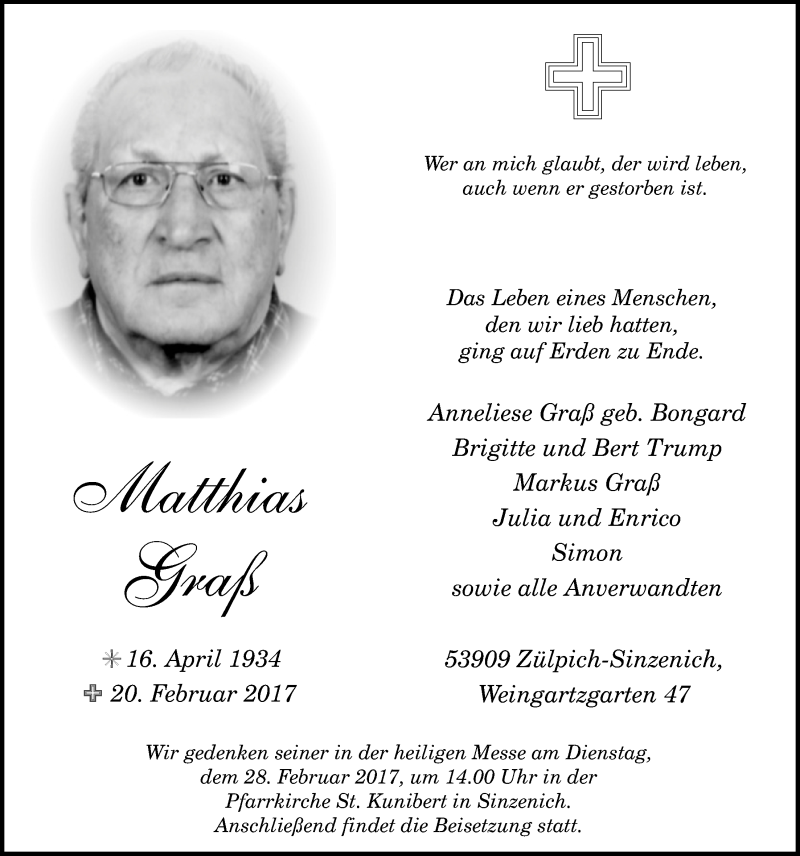  Traueranzeige für Matthias Graß vom 25.02.2017 aus  Blickpunkt Euskirchen 