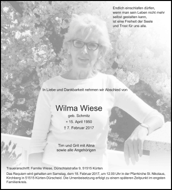 Anzeige von Wilma Wiese von Kölner Stadt-Anzeiger / Kölnische Rundschau / Express